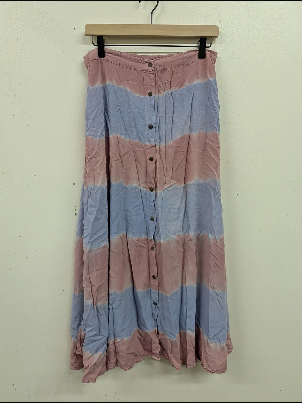 RAGA Striped Button-Front Rayon Maxi Skirt in Pink and Light Blue Tie Dye Small